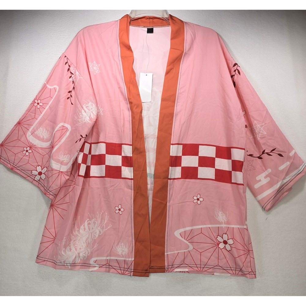 Pink Anime Kimono Cardigan Fox Mask Floral‎ Graphic Print Open Front XXL NA07778